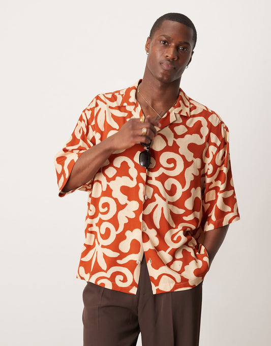 Oversize Boxy Shirt With Abstract Summer Print And Half Sleeve