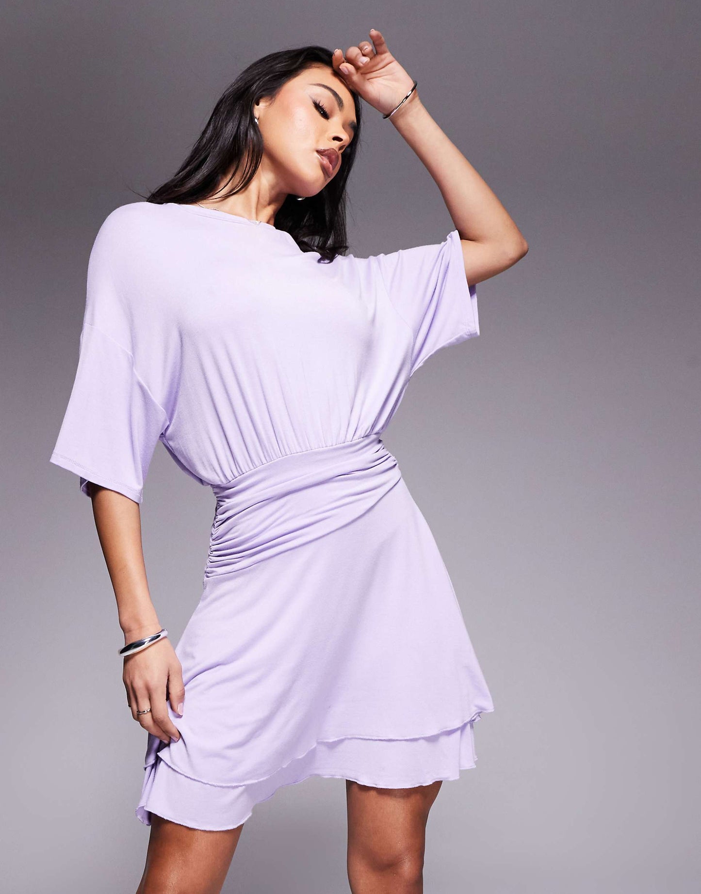 Cinched Waist T-Shirt Mini Dress With Ruffle Hem