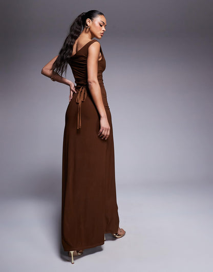 Twist Shoulder With Lace Up Back Maxi Dress