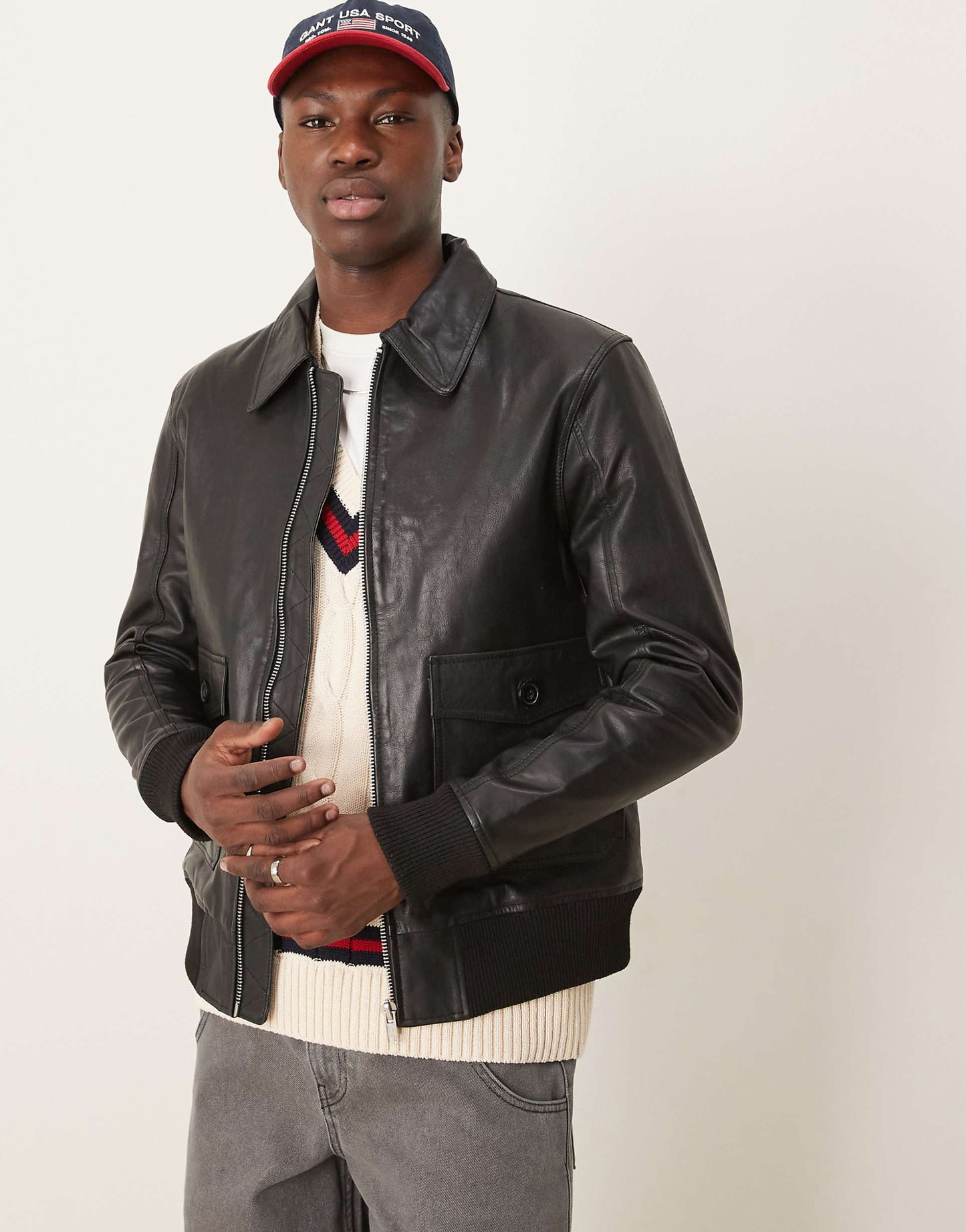 Real Leather Pocket Harrington Bomber
