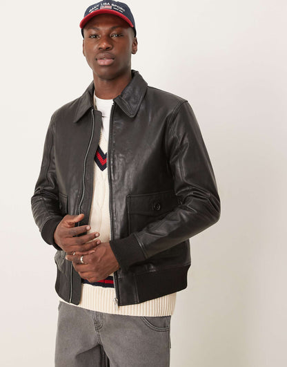 Real Leather Pocket Harrington Bomber