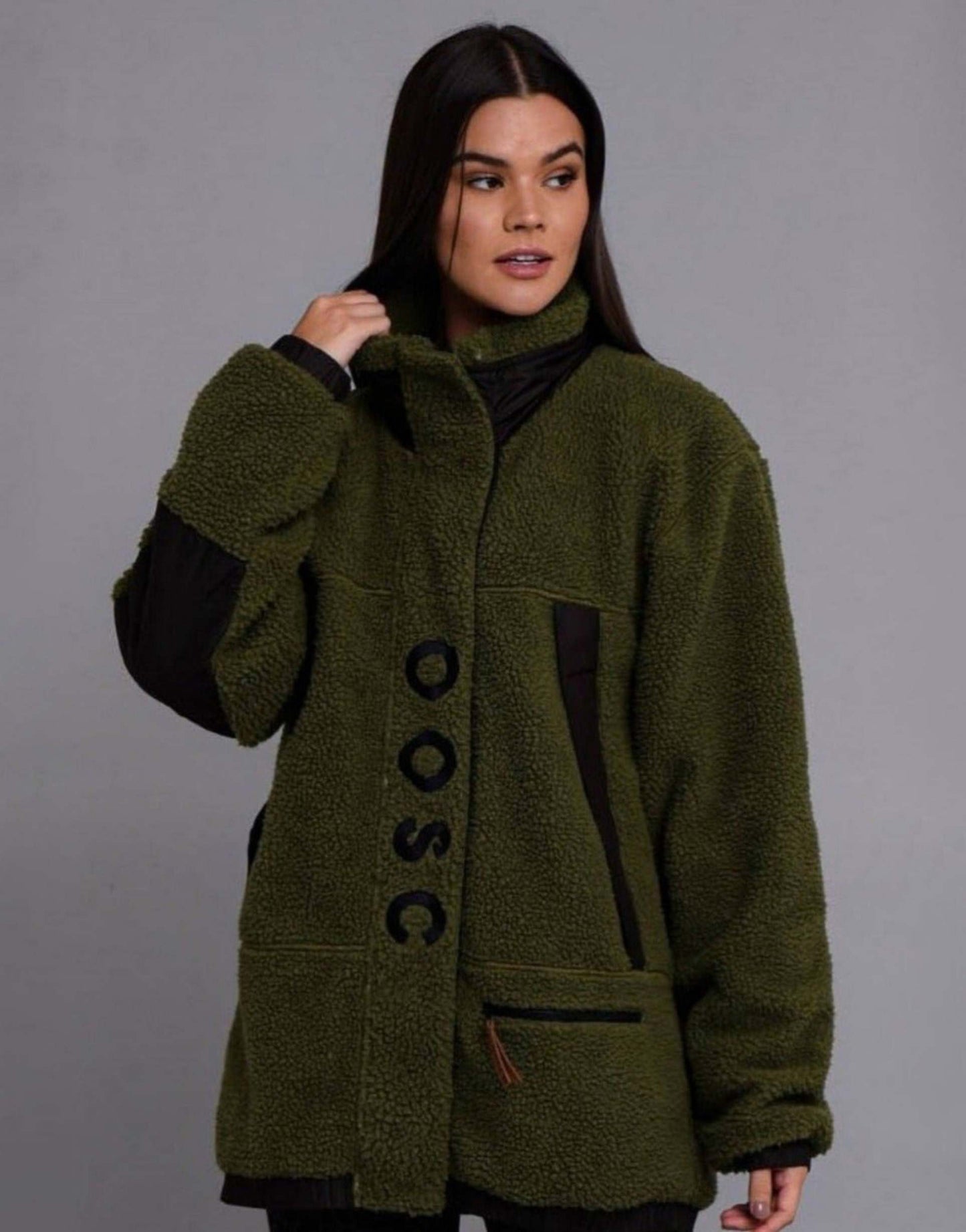 Sherpa Fleece Jacket - Khaki / Black
