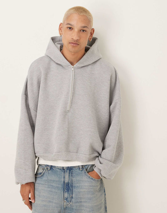 Heavyweight Extreme Oversize Cropped Hoodie With Half Zip Design