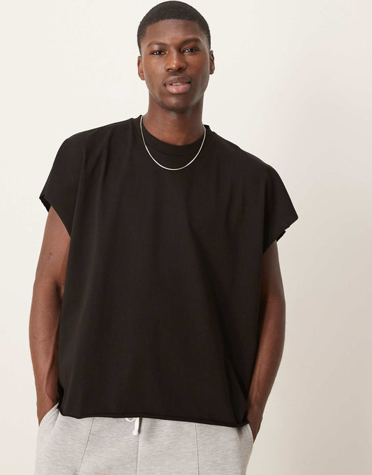 Extreme Oversized Heavyweight Cropped Sleeveless T-Shirt With Raw Edge