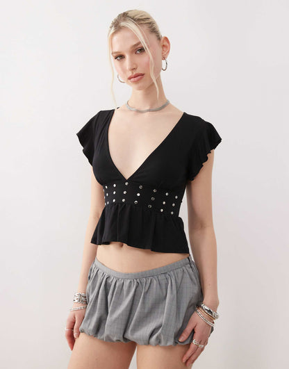 Leisma Frill Sleeve Studded Plunge Top