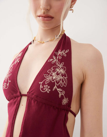 Kayria Embroidery Detail Tie Halter Top