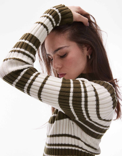 Knitted Stripe Button Up Long Sleeve Jumper