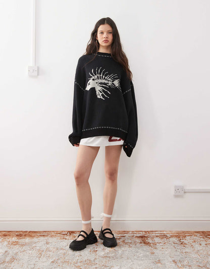 Unisex Knitted Sweater With Fish Bones Print