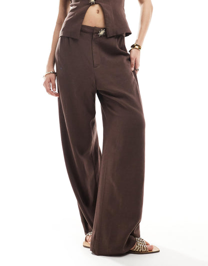 Linen Blend Wide Leg Trim Detail Trouser Co Ord