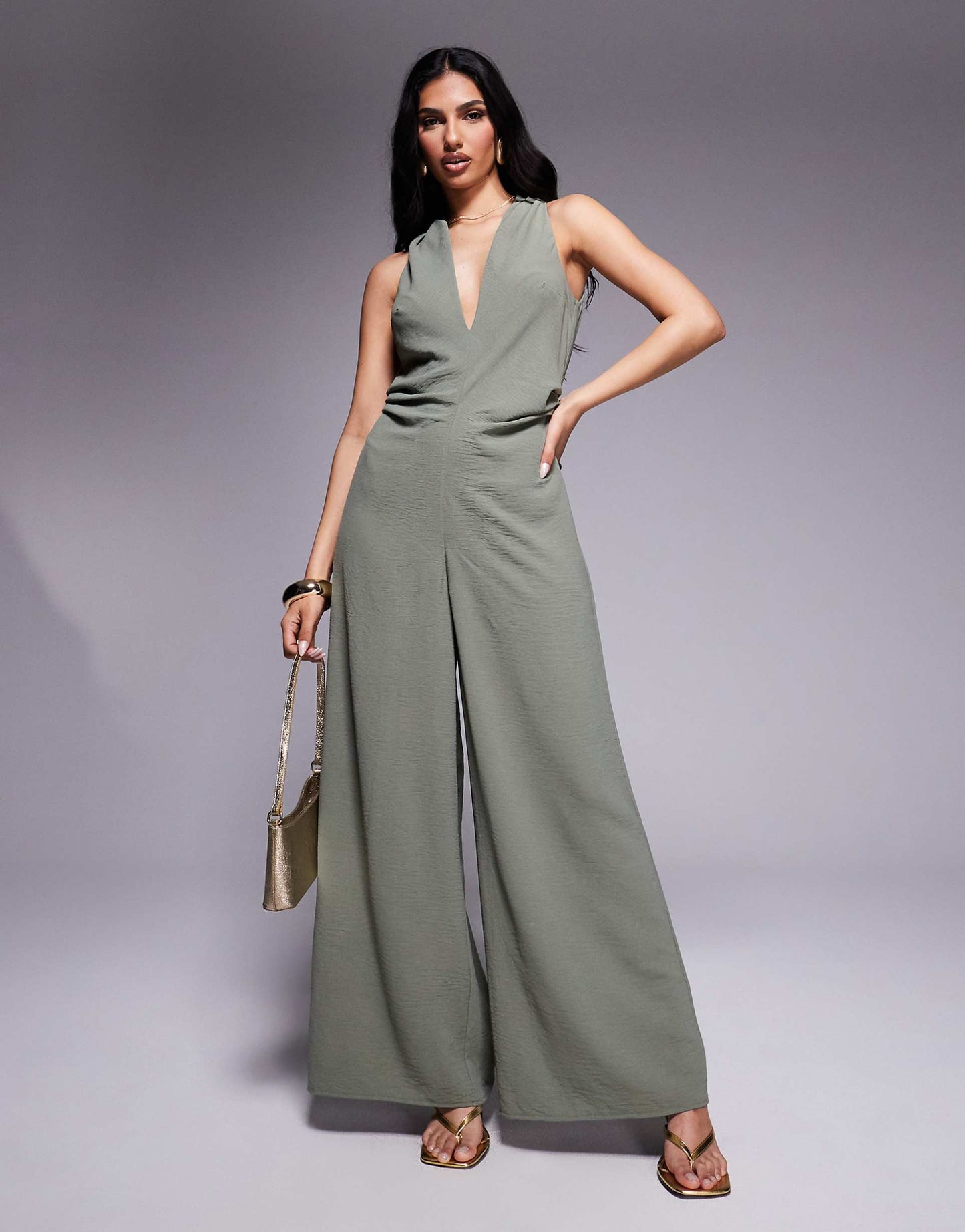 Ruched Waist Detail V Neck Jumpsuit