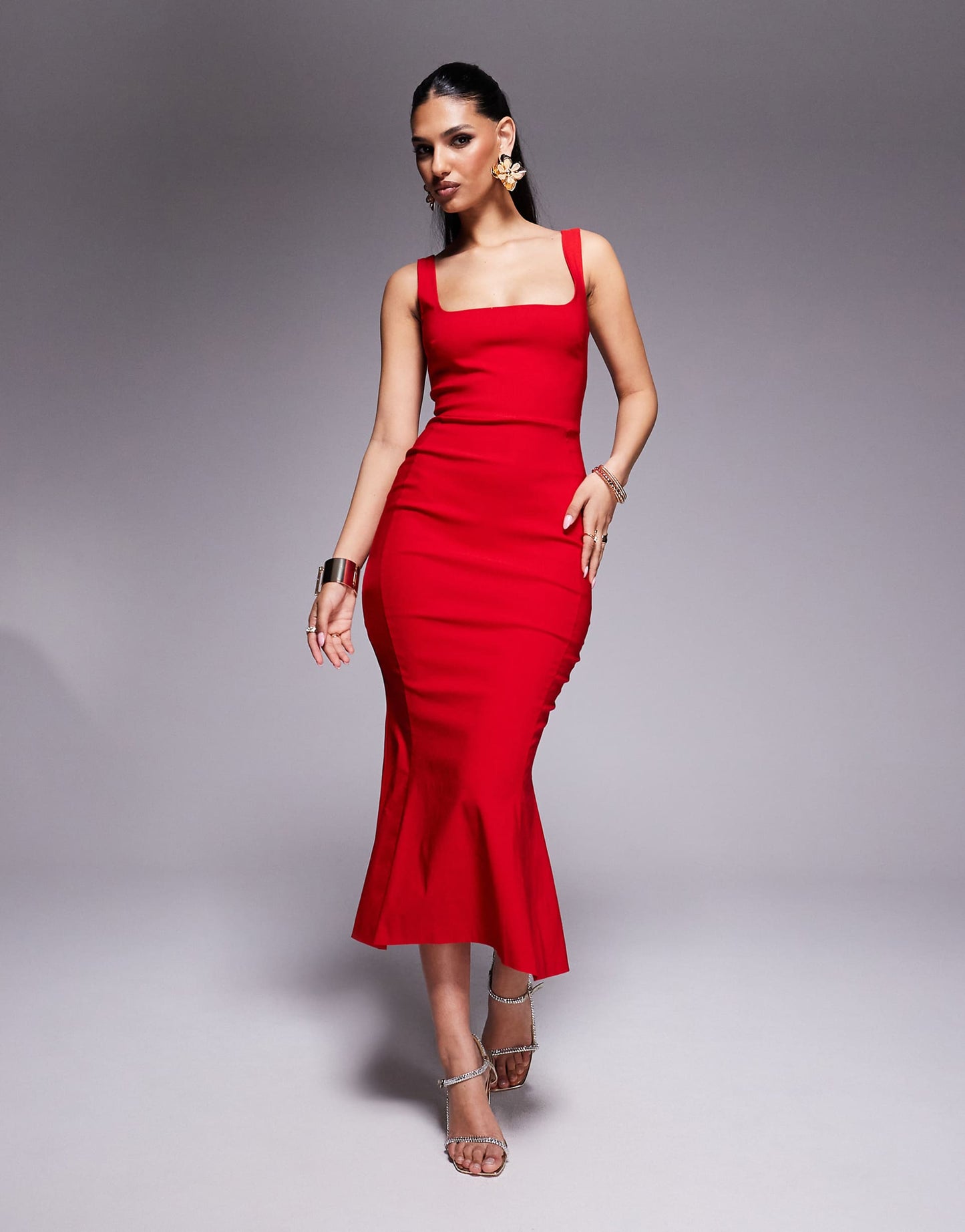 Bengaline Sleeveless Square Neck Fishtail Midi Dress