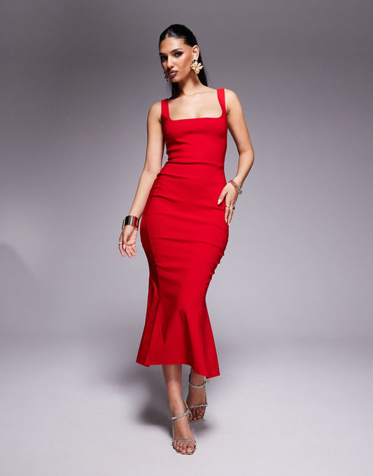 Bengaline Sleeveless Square Neck Fishtail Midi Dress