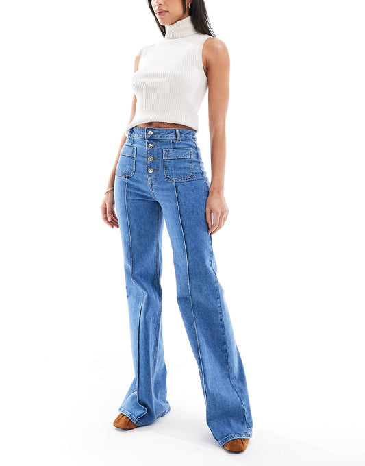 Patch Pocket  High Waist 70'S Denim Flares