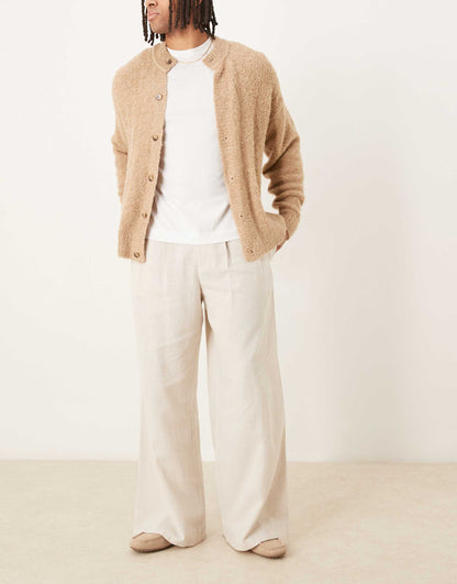 Loose Fit Smart Trousers With Wide Waistband And Linen Blend