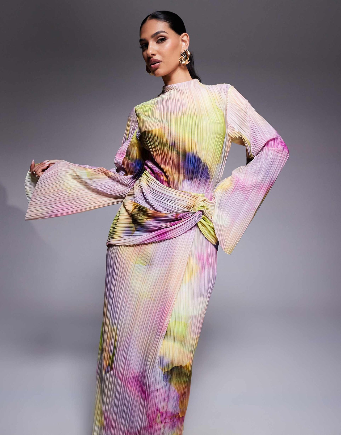 Plisse Drape Long Sleeve Maxi Dress