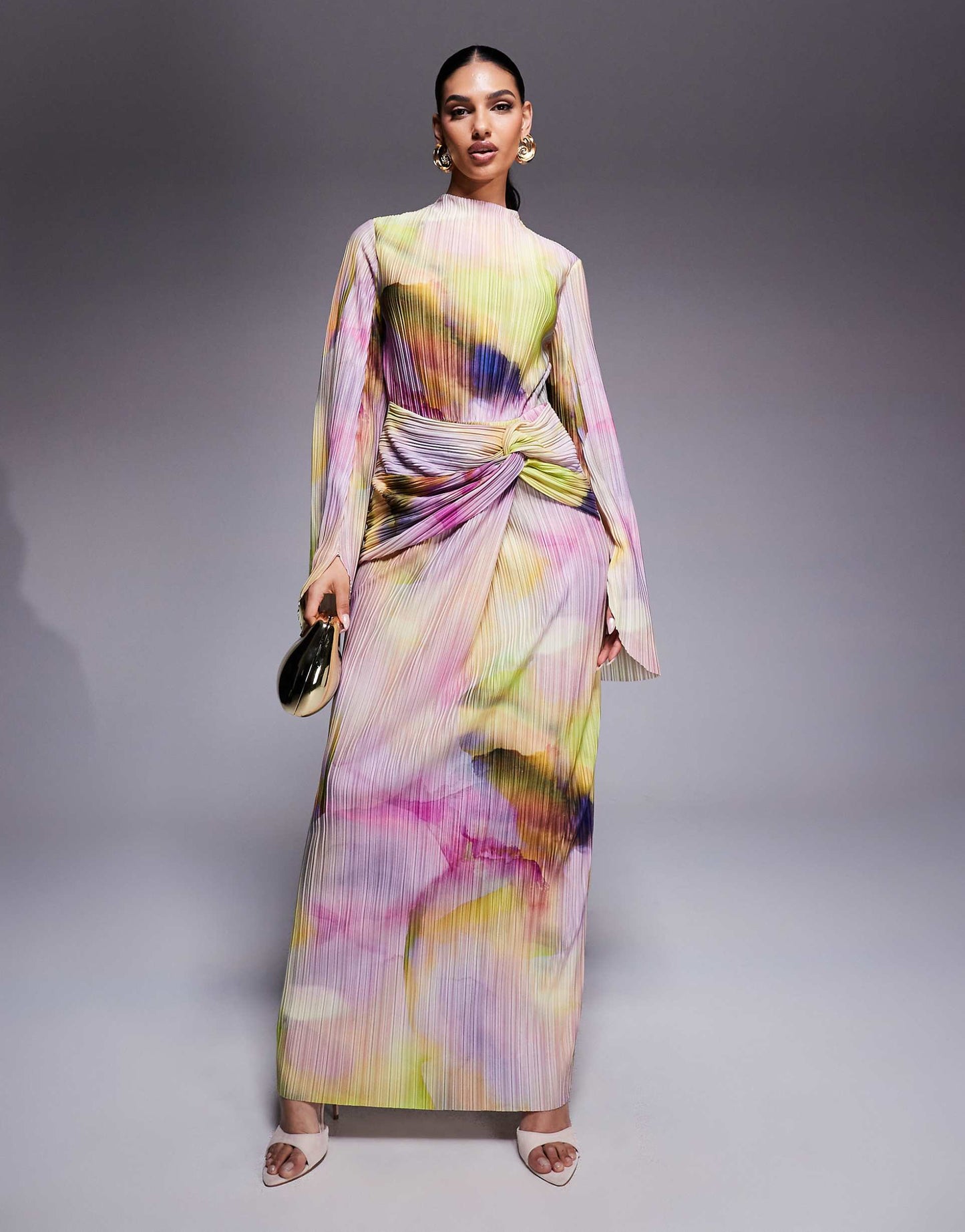 Plisse Drape Long Sleeve Maxi Dress