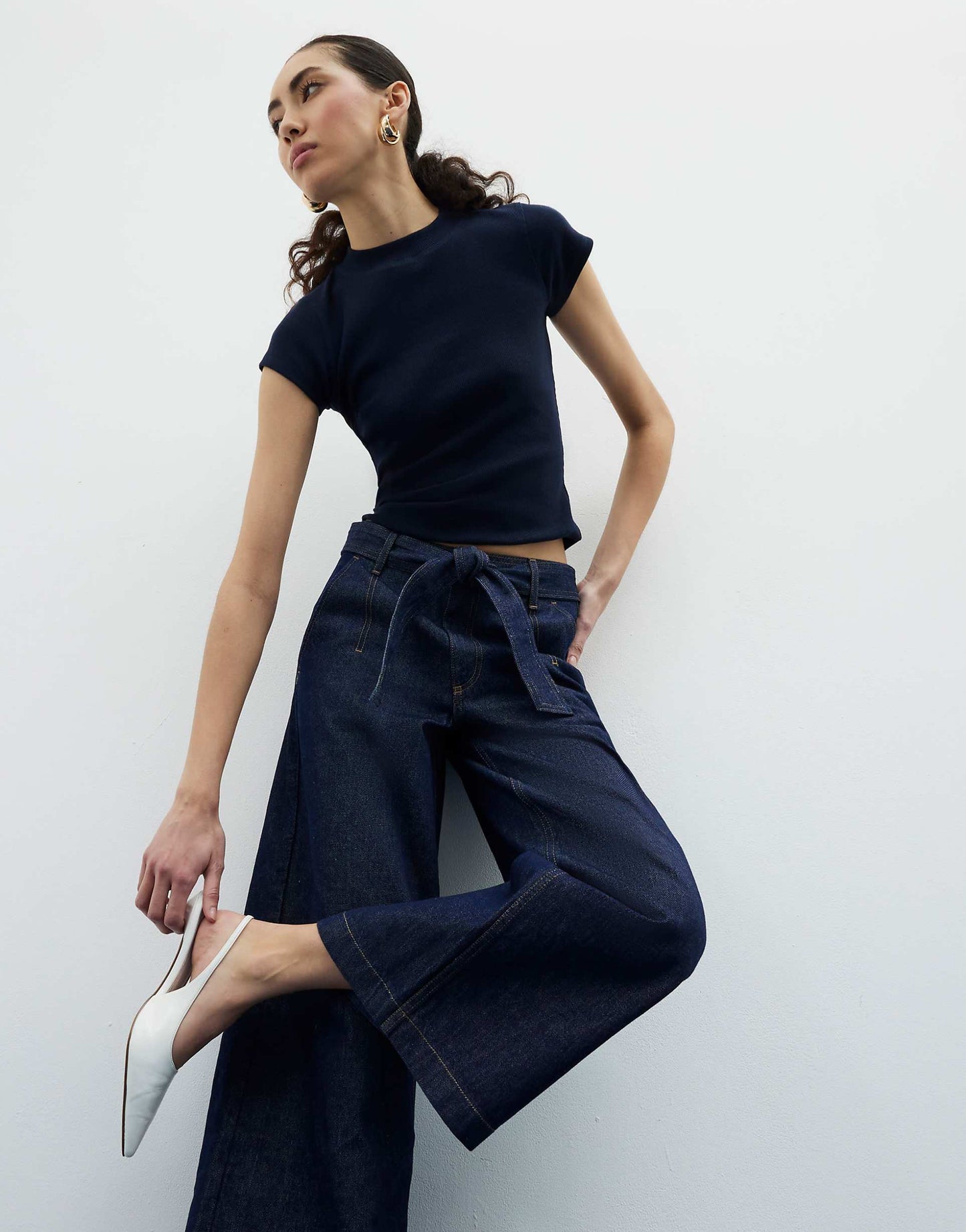 Denim Belted Wide Leg Cropped Jeans