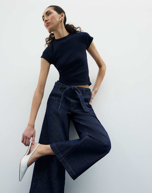 Denim Belted Wide Leg Cropped Jeans