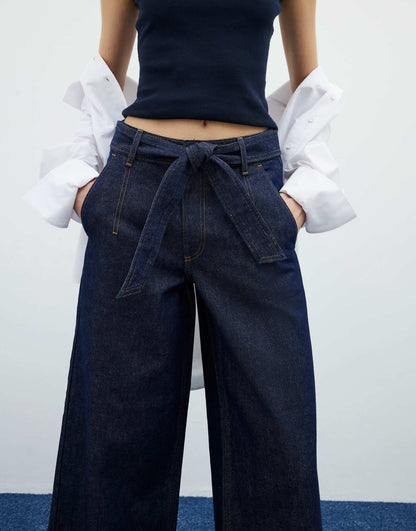Denim Belted Wide Leg Cropped Jeans