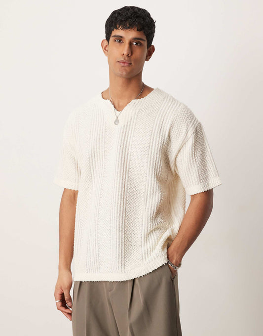Oversized Textured V Neck T-Shirt