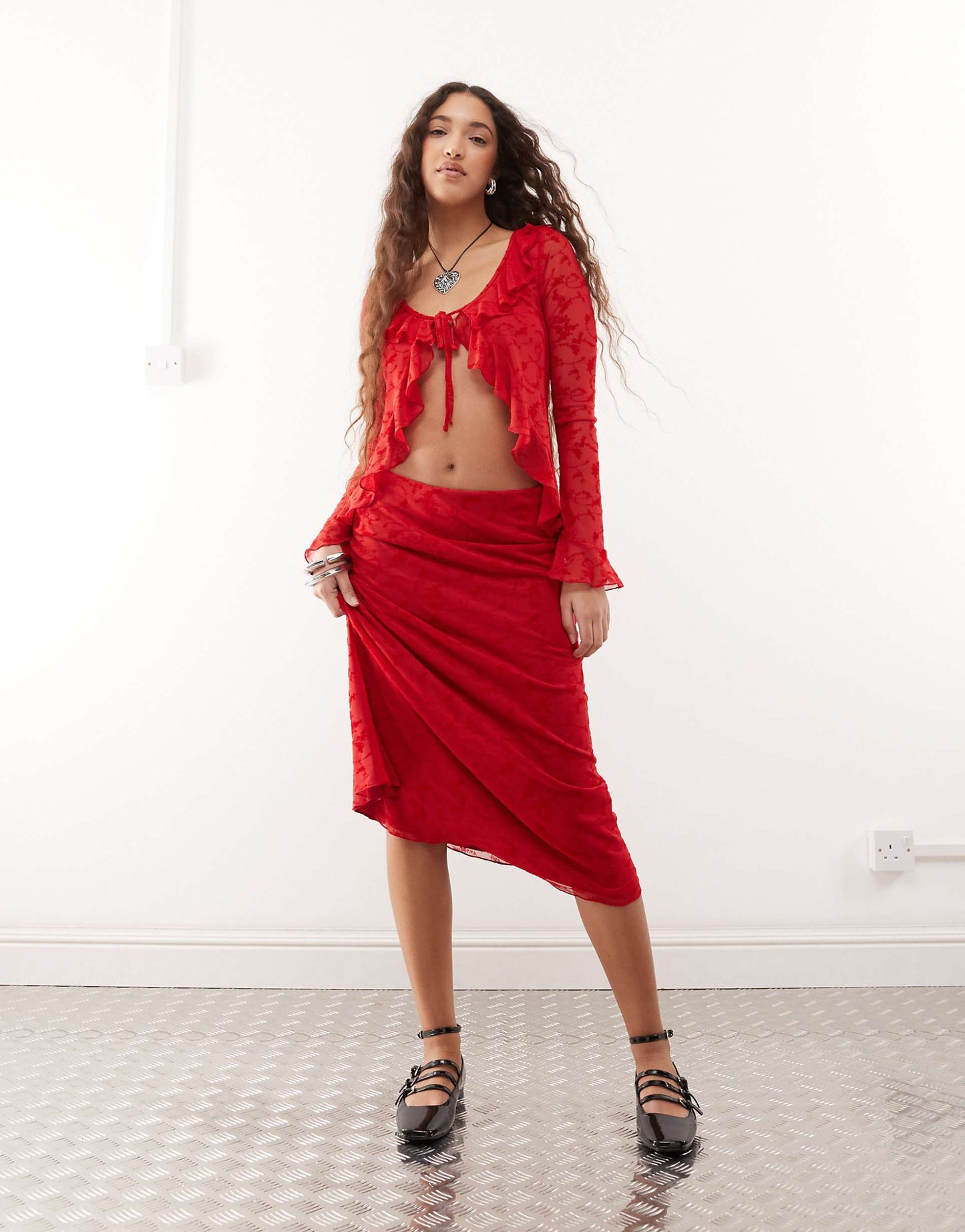 Flocked Mesh Midi Skirt Co-Ord