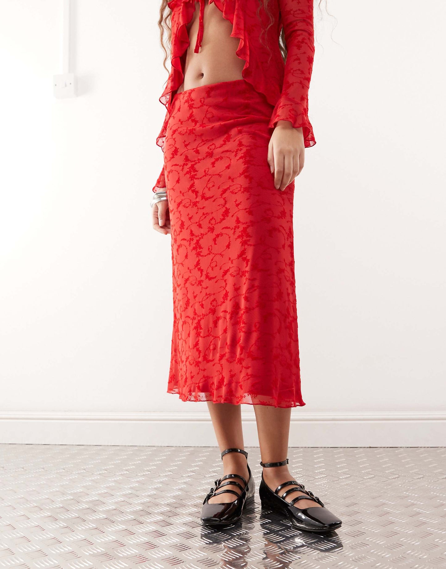 Flocked Mesh Midi Skirt Co-Ord