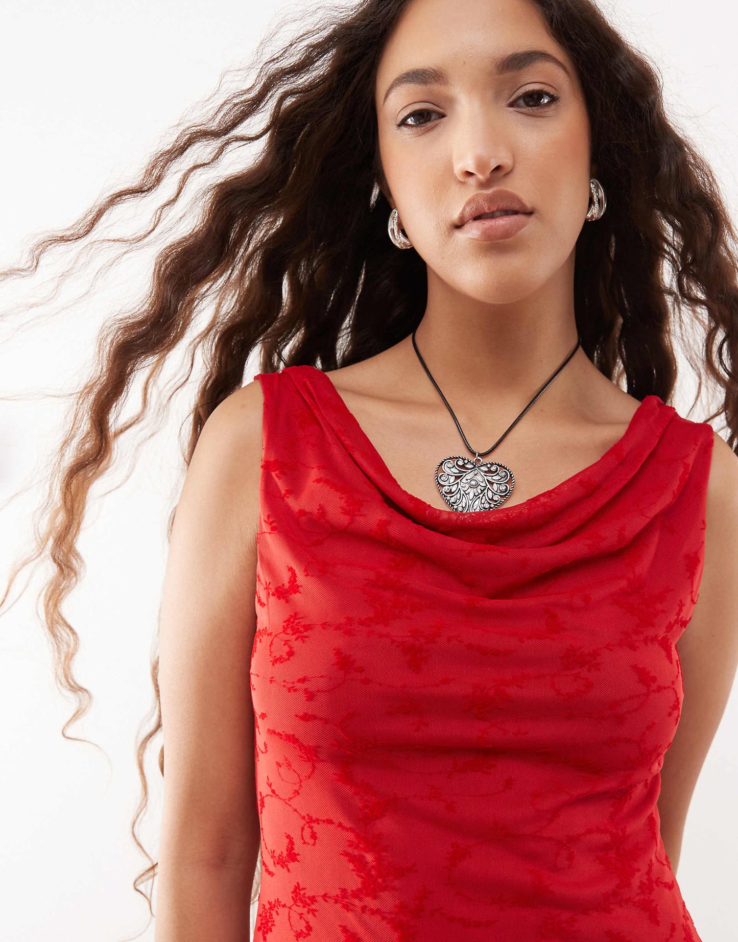 Flocked Mesh Cowl Neck Mini Dress