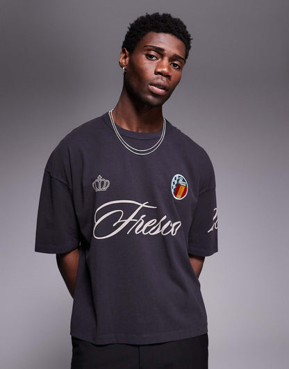 Boxy Oversized Washed T-Shirt With Sports Graphic And Badge