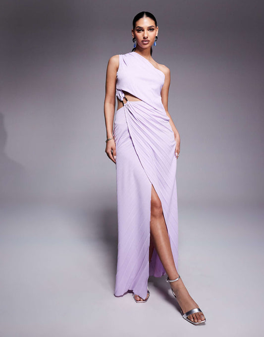 Pleated Maxi Dress With Asymmetric One Shoulder And Twist Skirt