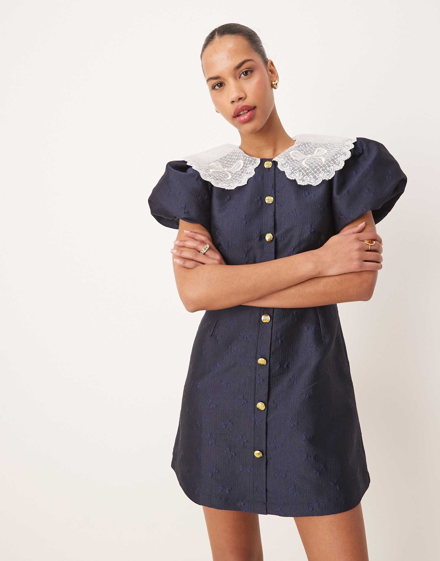 Contrast Collar Jacquard Mini Dress