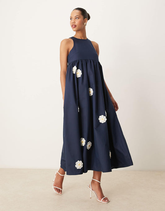 Dream Empire Waist Embroidered Flower Midi Dress