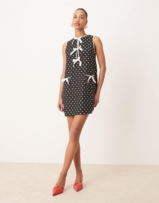 Contrast Bow Polka Dot Mini Dress