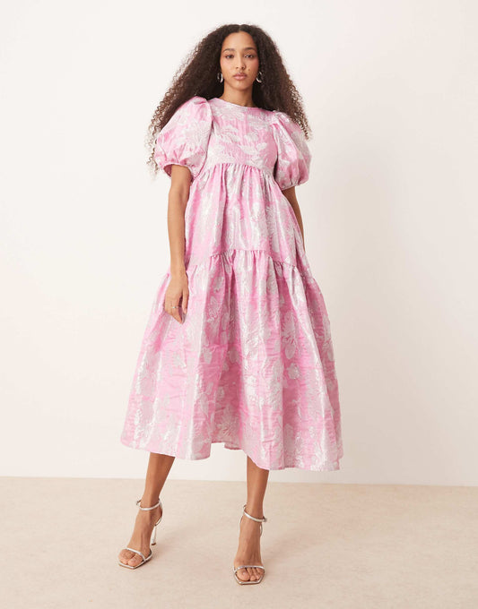 Puff Sleeve Jacquard Midi Dress