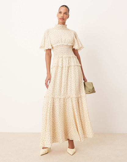 Polka Dot Shirred Maxi Dress