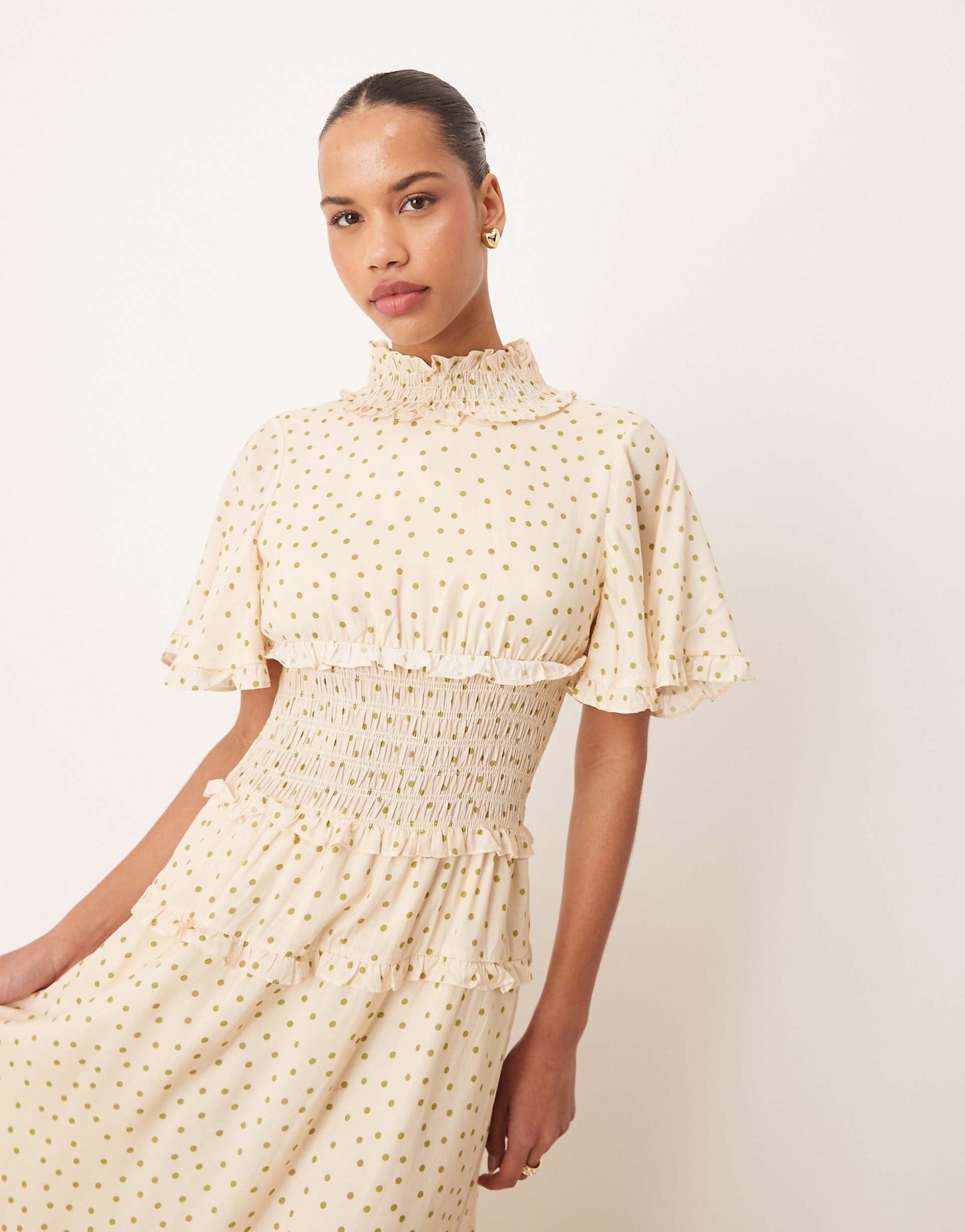 Polka Dot Shirred Maxi Dress