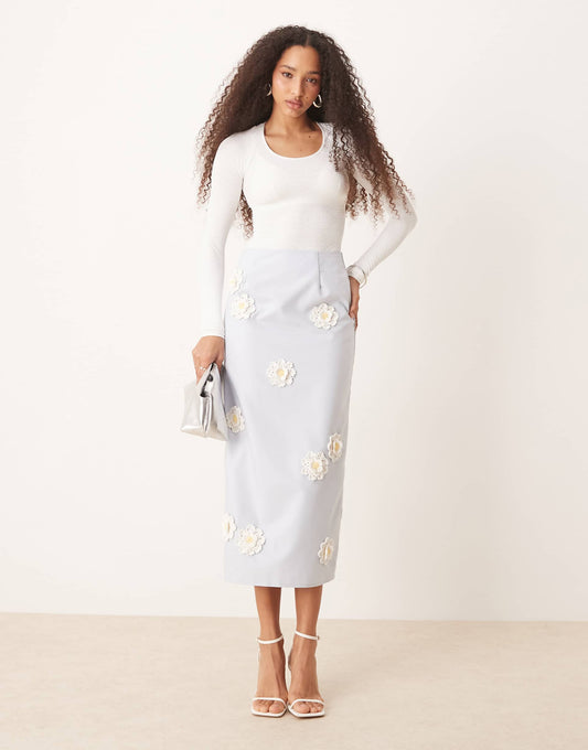 Dream Flower Embroidered Midi Skirt