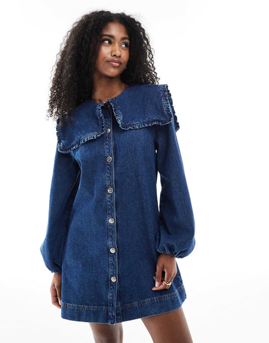 Oversized Collar Long Sleeve Denim Dress