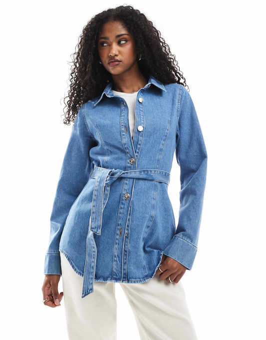 Cinched Waist Belted Denim Jacket