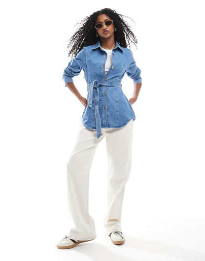 Cinched Waist Belted Denim Jacket
