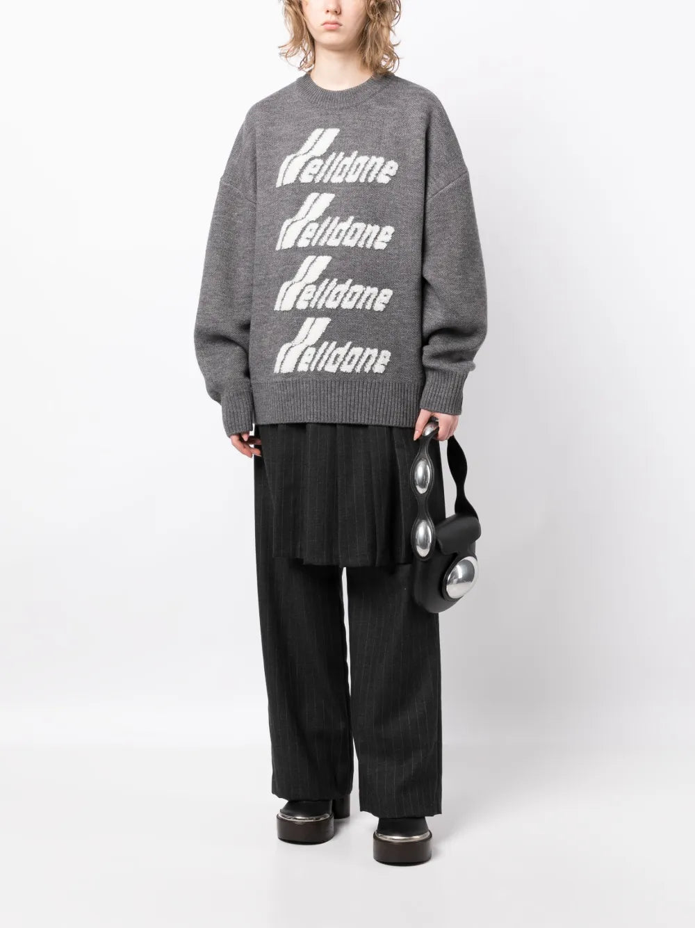 Gray Pile Intarsia-Knit Logo Jumper