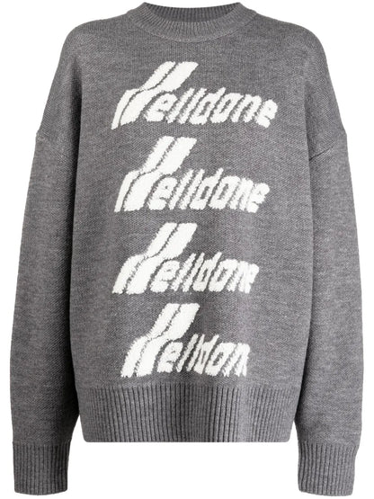 Gray Pile Intarsia-Knit Logo Jumper