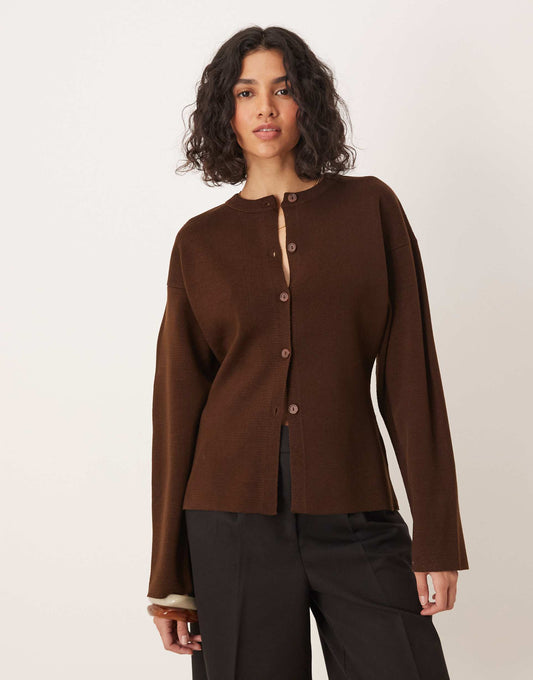 Knitted Structured Crew Neck Cardigan