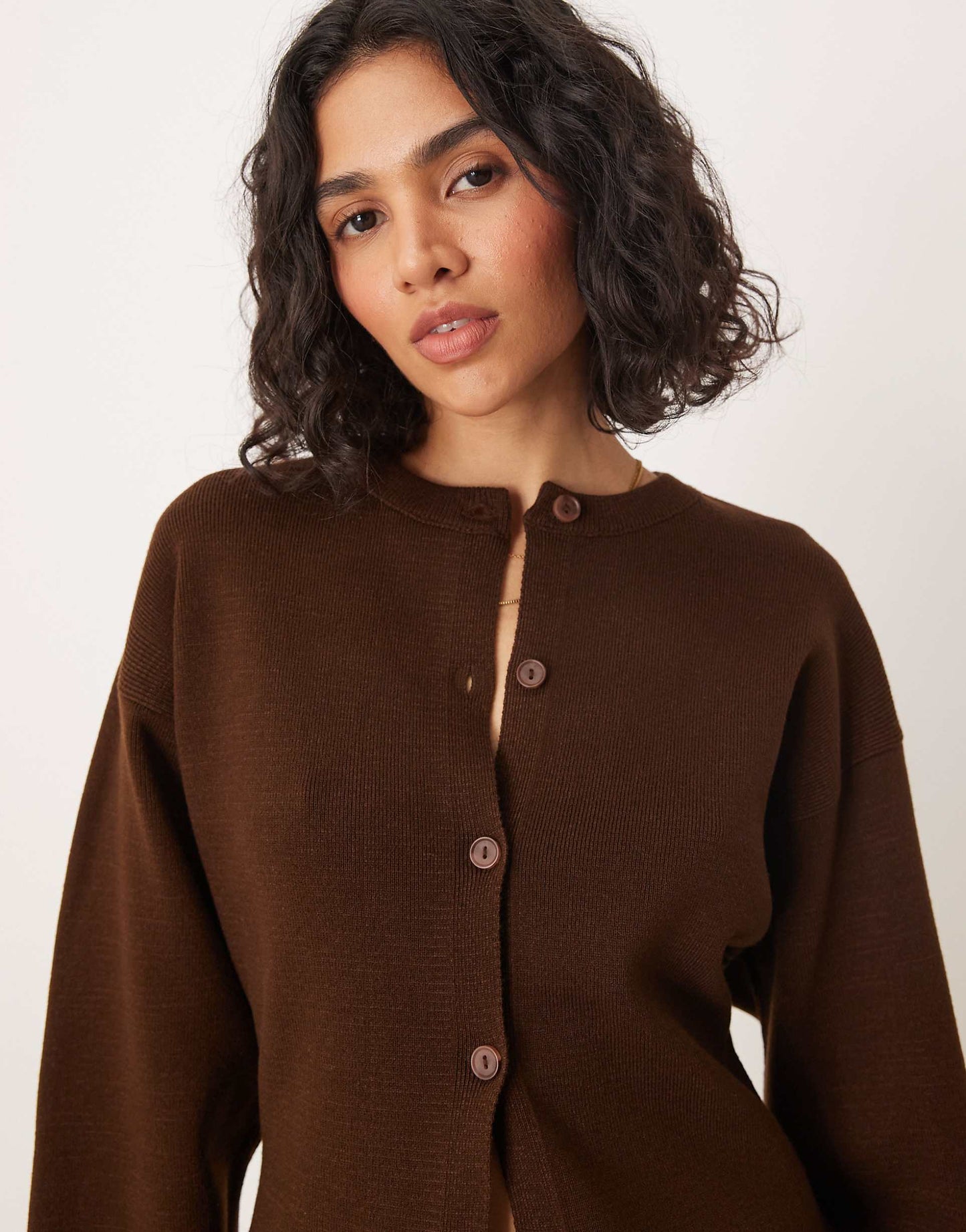 Knitted Structured Crew Neck Cardigan