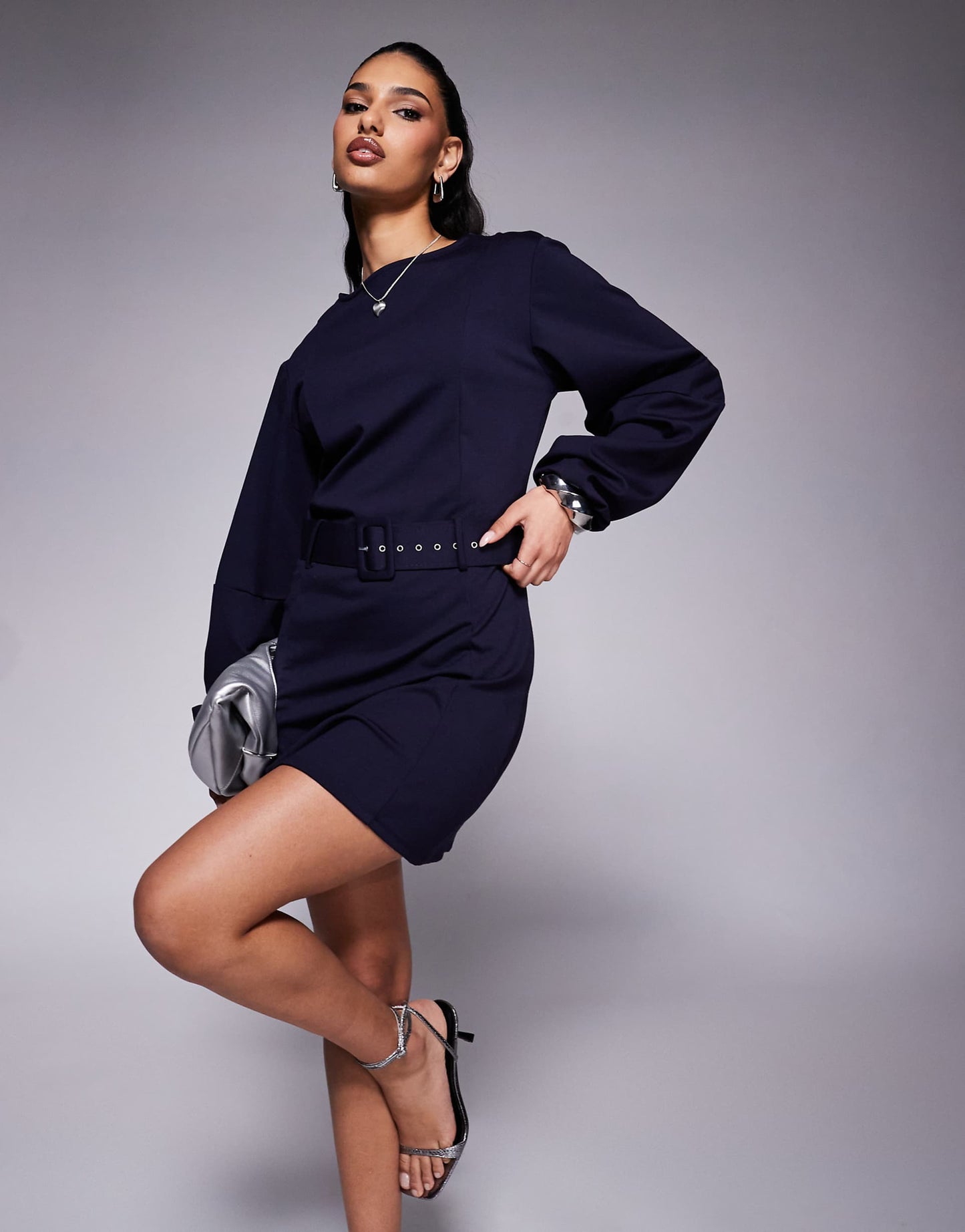 Belted Dome Sleeve Mini Dress