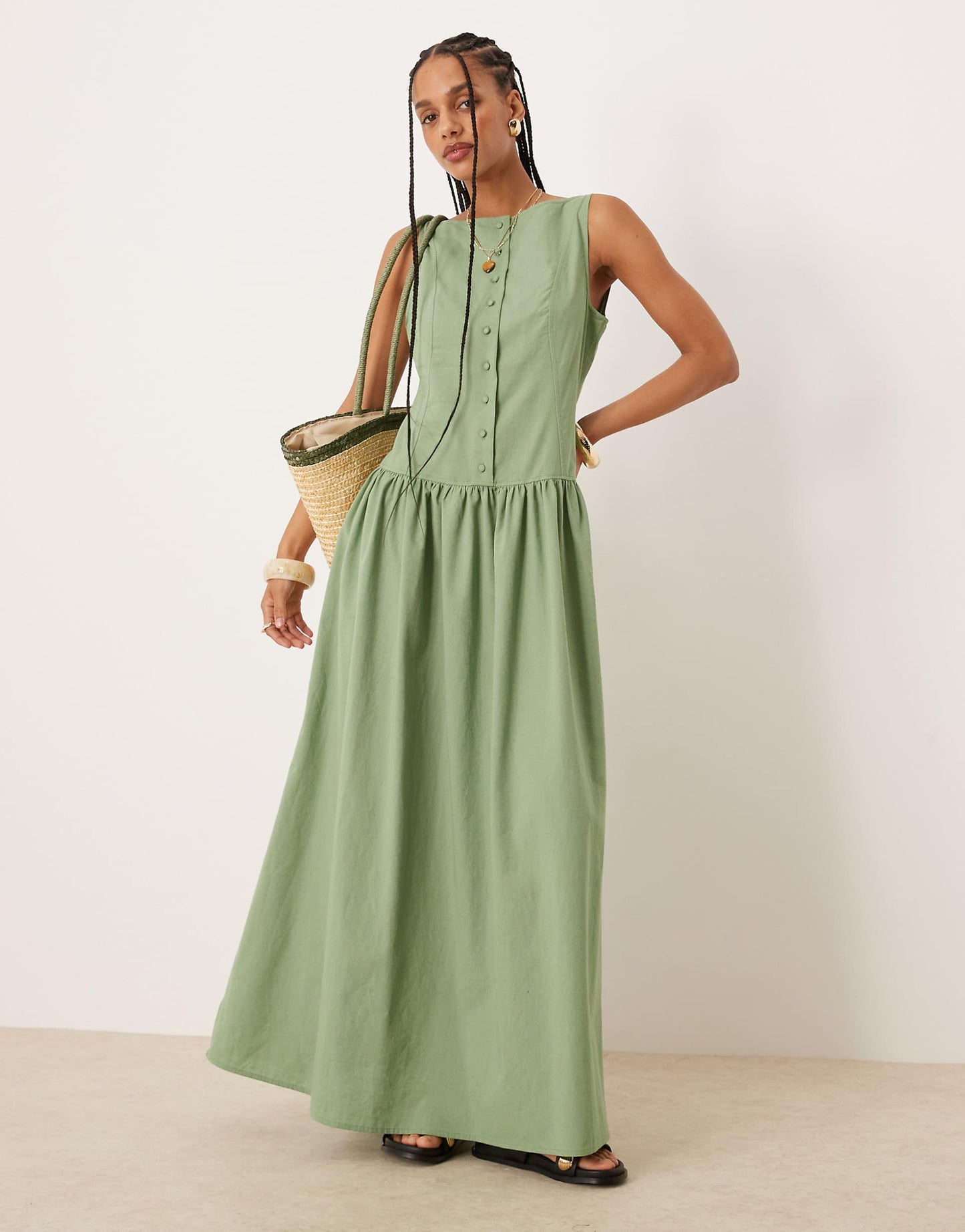 Slash Neck Button Down Dropped Waist Maxi Dress
