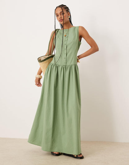 Slash Neck Button Down Dropped Waist Maxi Dress