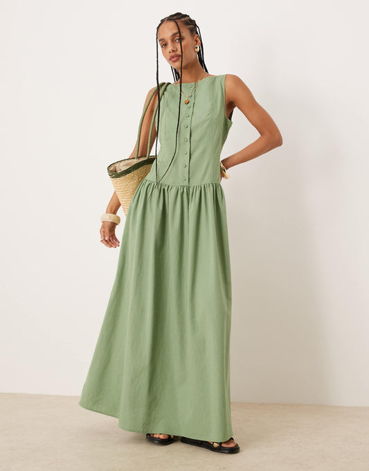 Slash Neck Button Down Dropped Waist Maxi Dress