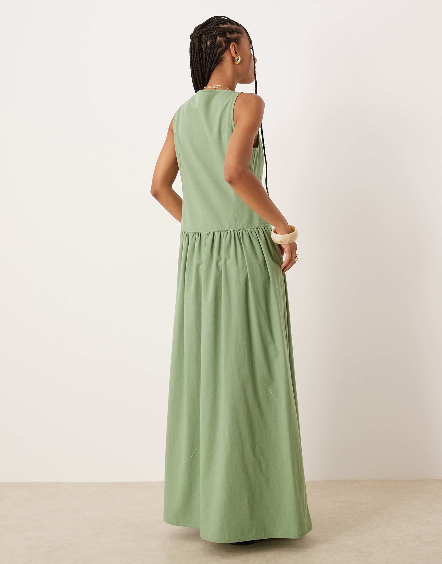 Slash Neck Button Down Dropped Waist Maxi Dress