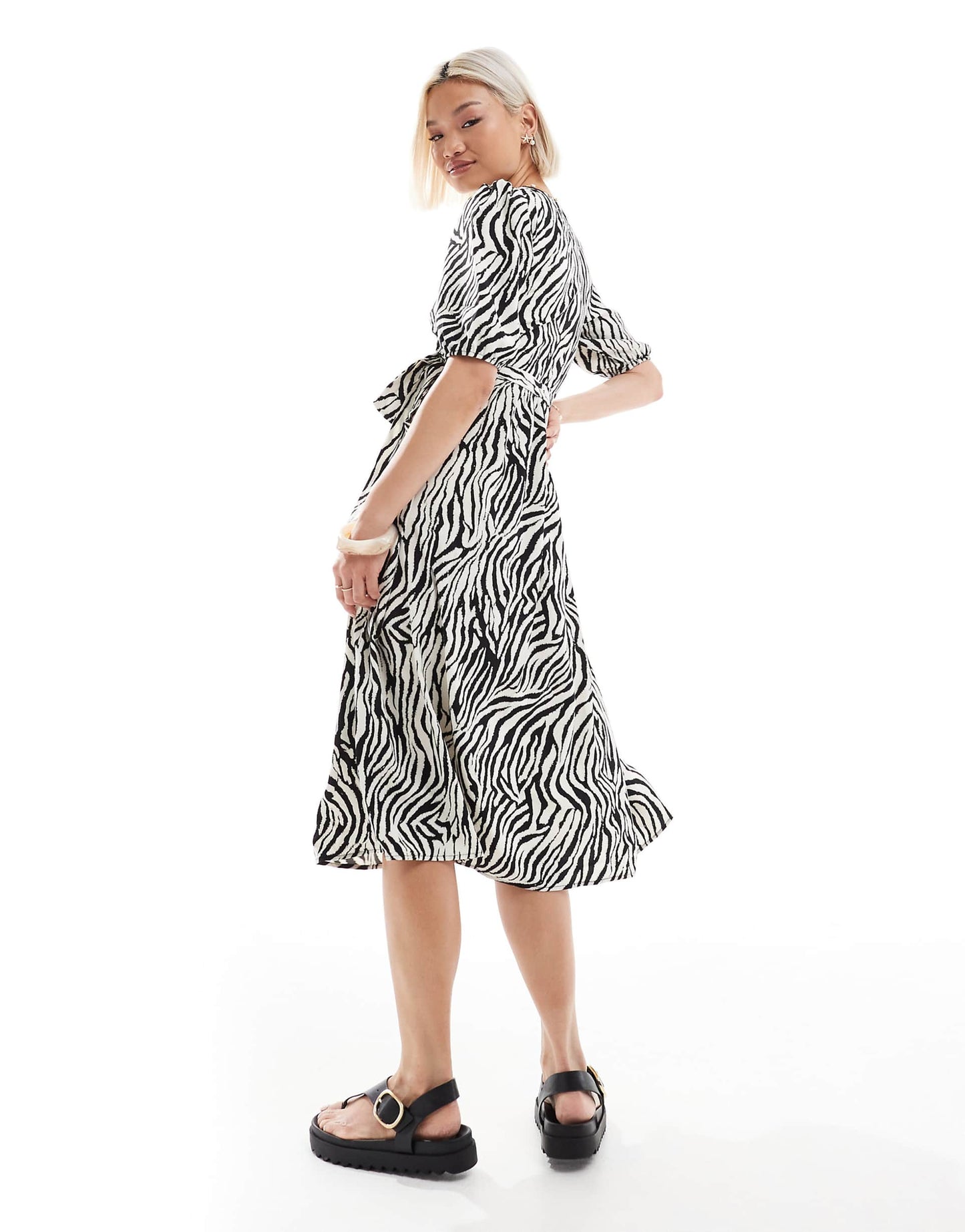 Midi Wrap Dress With Puff Sleeves