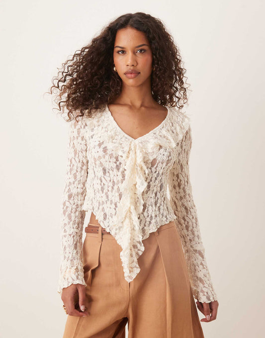 Tie Front Ruffle Detail Textured Lace Top